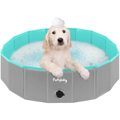 Furrybaby Foldable Dog Pool, Kiddie Pool Hard Plastic, Collapsible Pet Bath Portable Dog Swimming Pool for Pet, Dogs and Cats Grey 32''