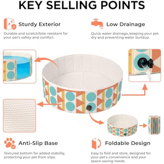 furrybaby Dog Pool for Large Dogs, Foldable Hard Plastic Pet Swimming Pool, Heavy Duty 0.5mm PVC with Non-Slip Bottom, Portable Kiddie Pool for Dogs, Pet Bath Tub for Backyard Summer, Bohemia 63“