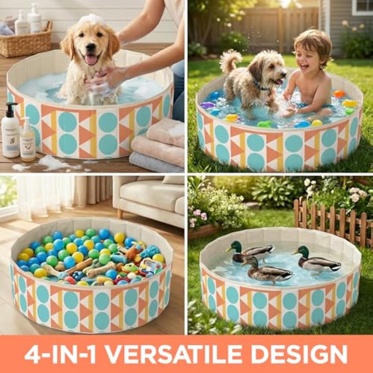 furrybaby Dog Pool for Large Dogs, Foldable Hard Plastic Pet Swimming Pool, Heavy Duty 0.5mm PVC with Non-Slip Bottom, Portable Kiddie Pool for Dogs, Pet Bath Tub for Backyard Summer, Bohemia 63“