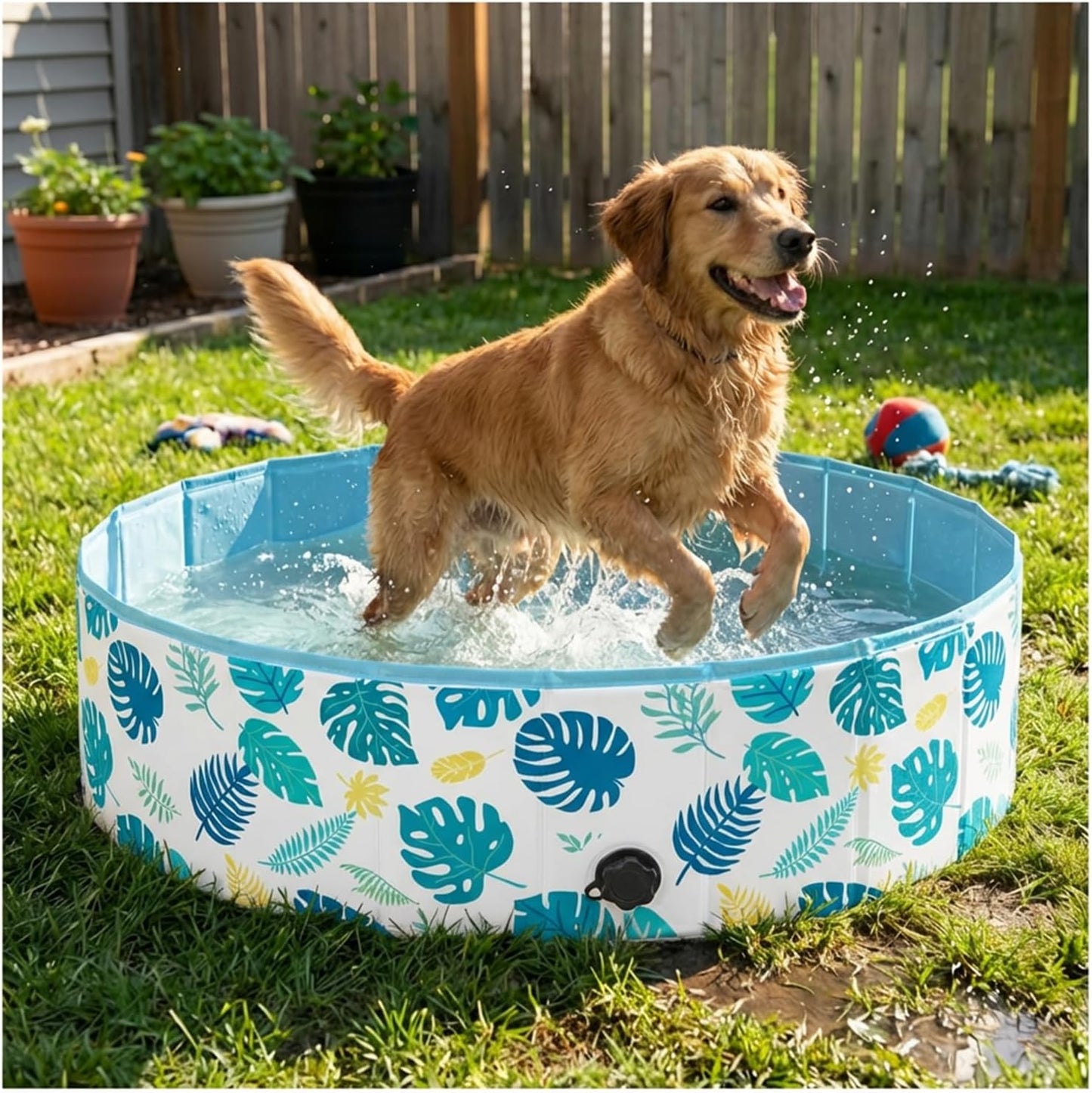 furrybaby Dog Pool for Large Dogs, Foldable Hard Plastic Pet Swimming Pool, Heavy Duty 0.5mm PVC with Non-Slip Bottom, Portable Kiddie Pool for Dogs, Pet Bath Tub for Backyard Summer, Bohemia 63“