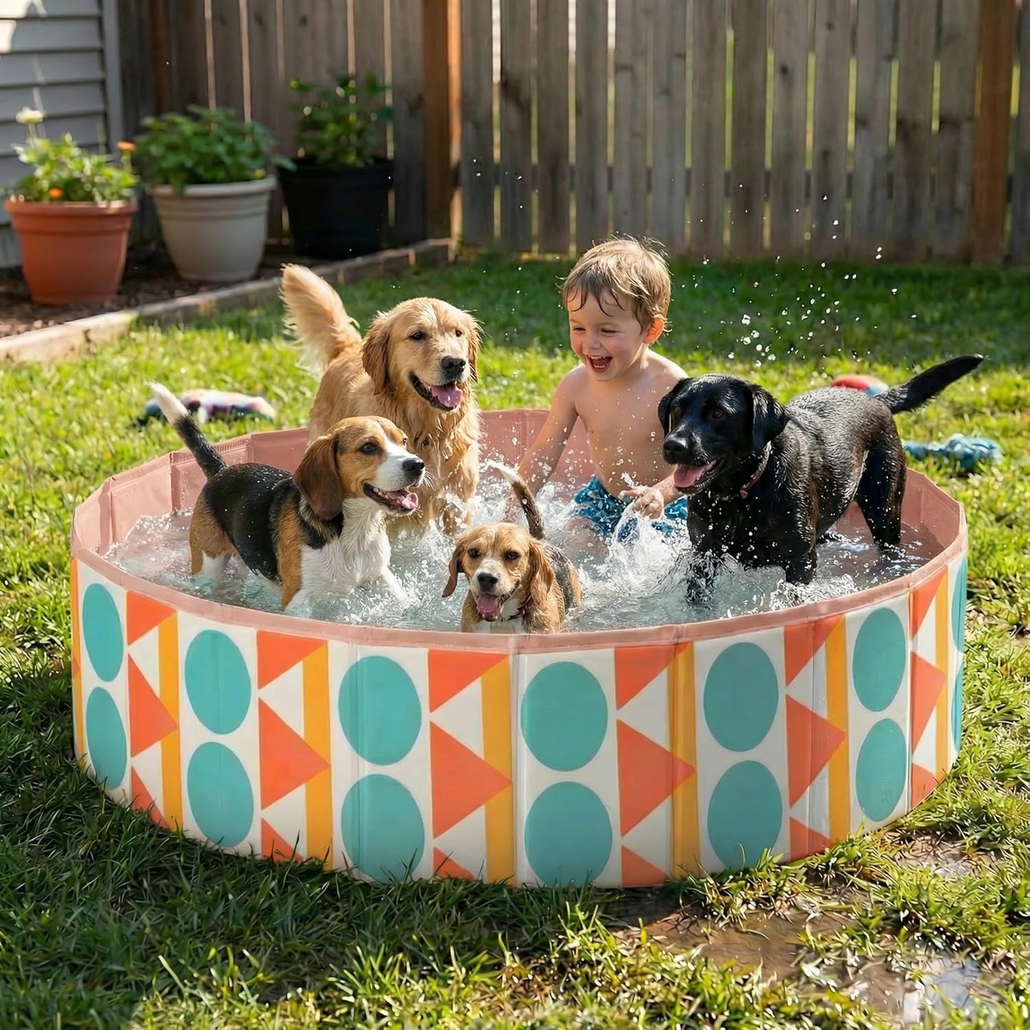 furrybaby Dog Pool for Large Dogs, Foldable Hard Plastic Pet Swimming Pool, Heavy Duty 0.5mm PVC with Non-Slip Bottom, Portable Kiddie Pool for Dogs, Pet Bath Tub for Backyard Summer, Bohemia 63“